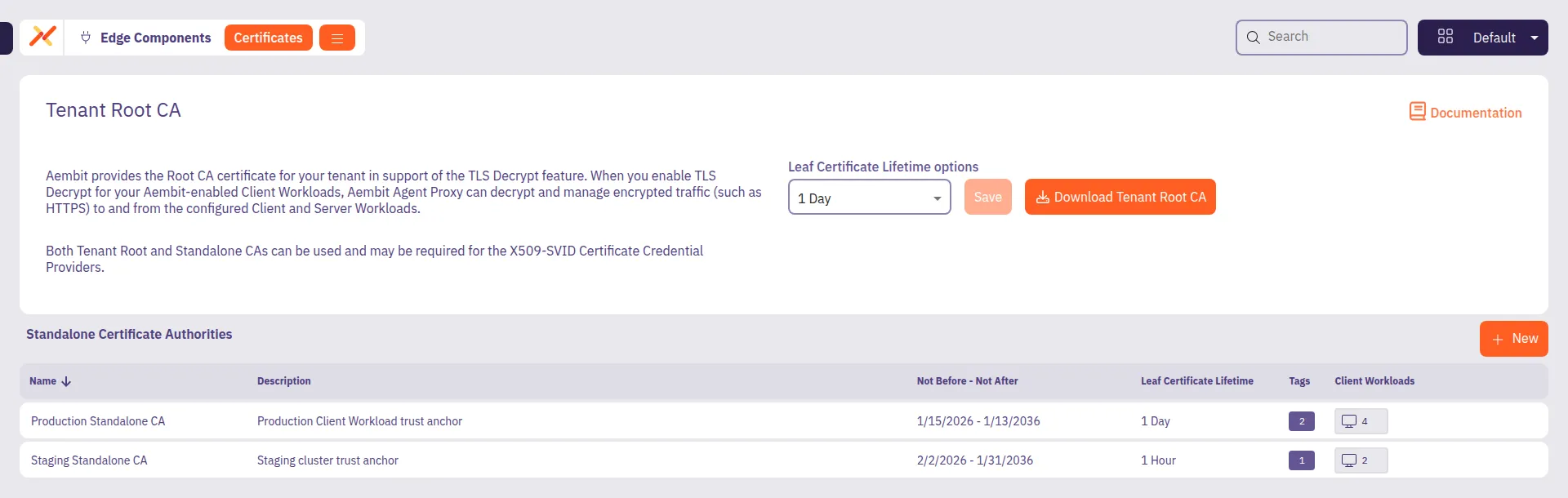 Certificates page with Standalone Certificate Authorities list