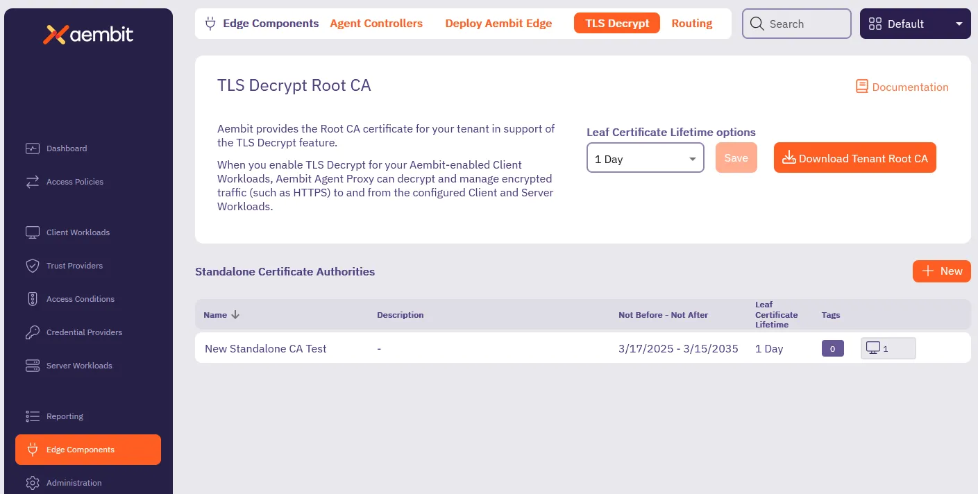 TLS Decrypt screen with Standalone Certificate Authorities list